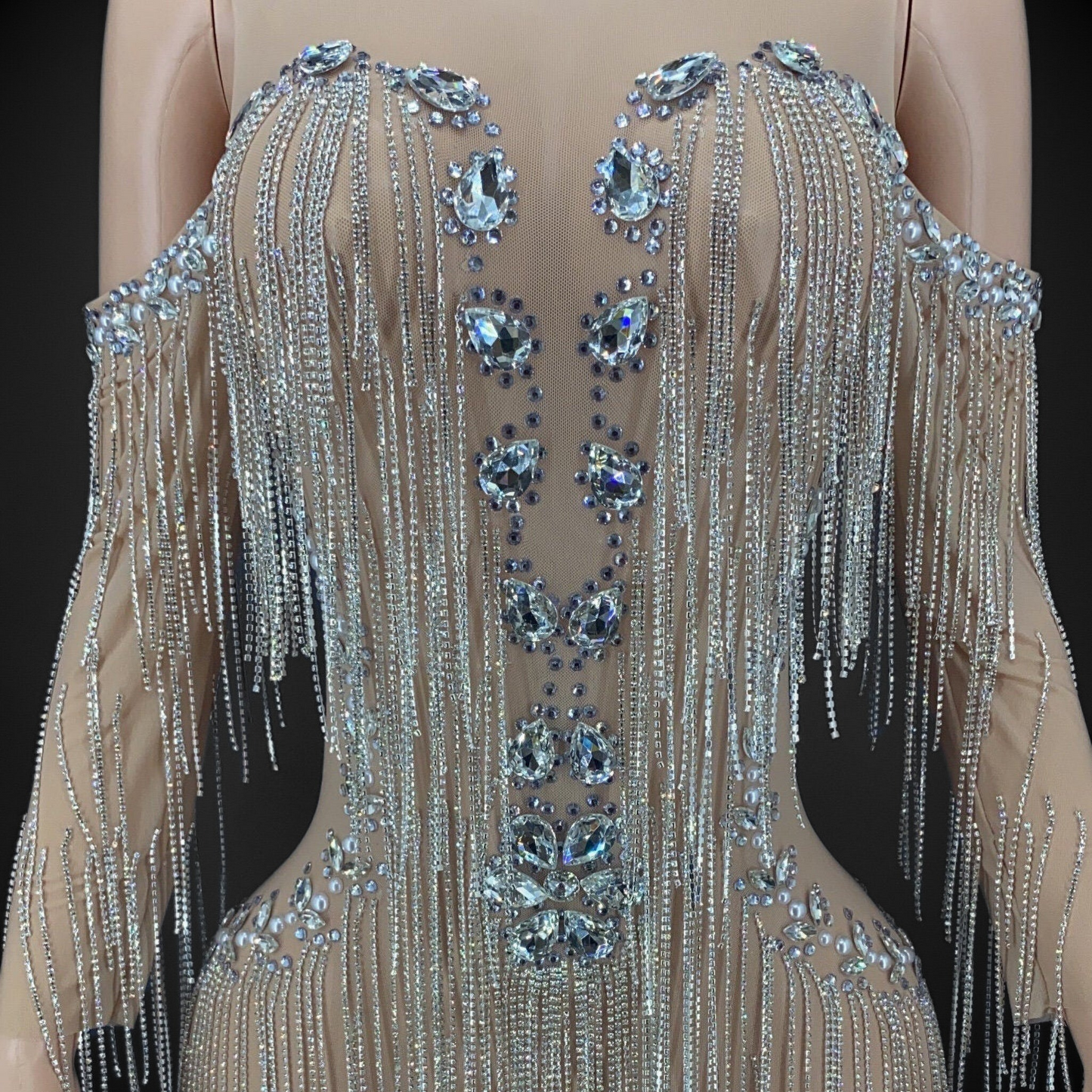 Extravagant Sheer Rhinestone Embellished Tassel Dress