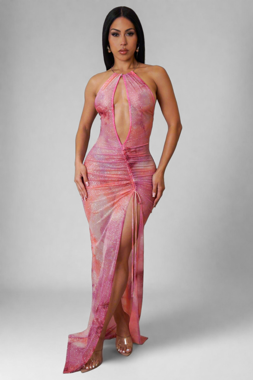 slim fit dress slacks Glitter Mesh Ruched Sheer Pink Maxi Dress – BOUGIE GLITTER