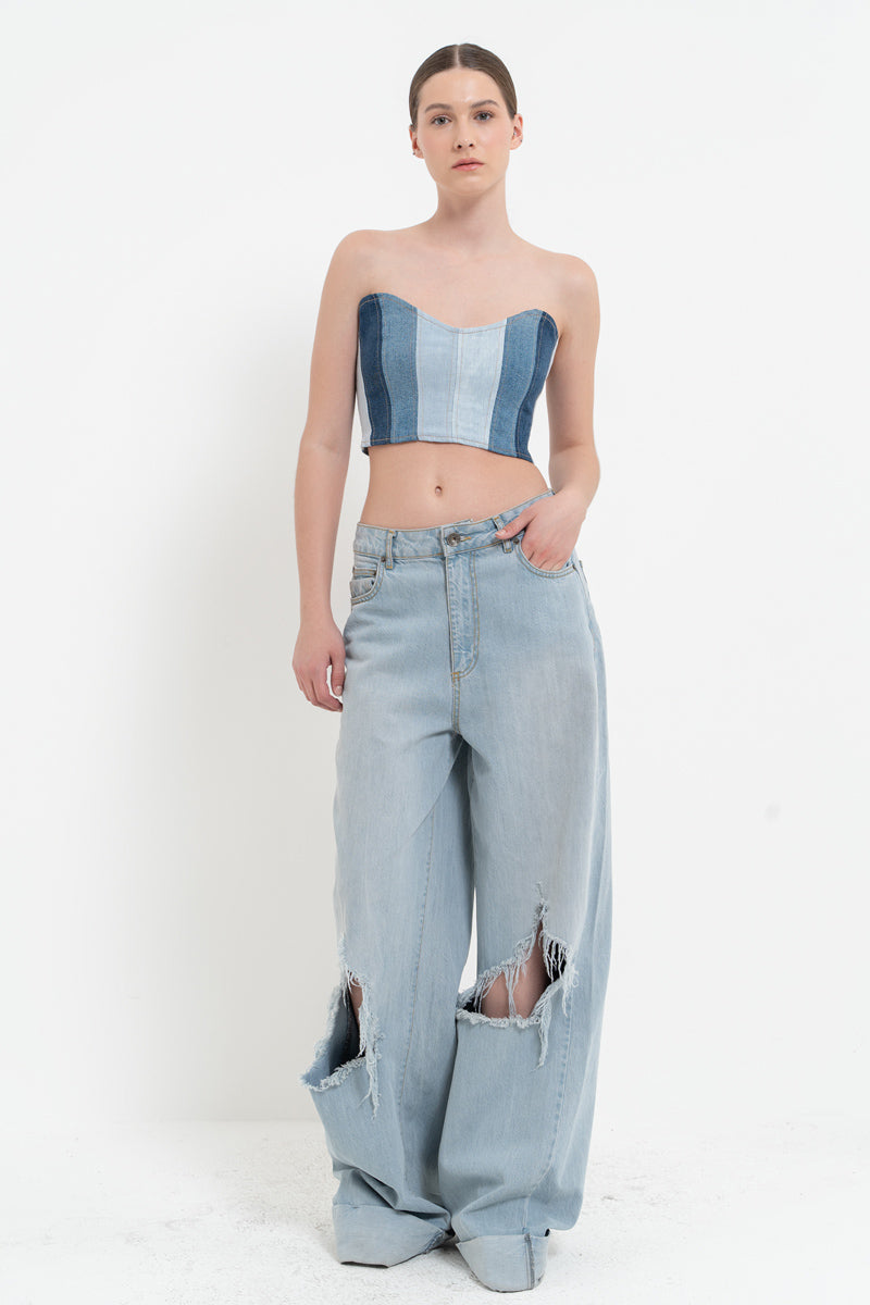 Blue Wash Contrast Paneled Denim Tube Top