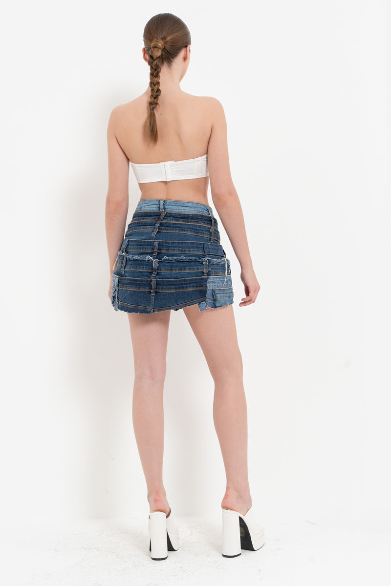 Multi-Layered Frayed Button-Up Denim Mini Skirt