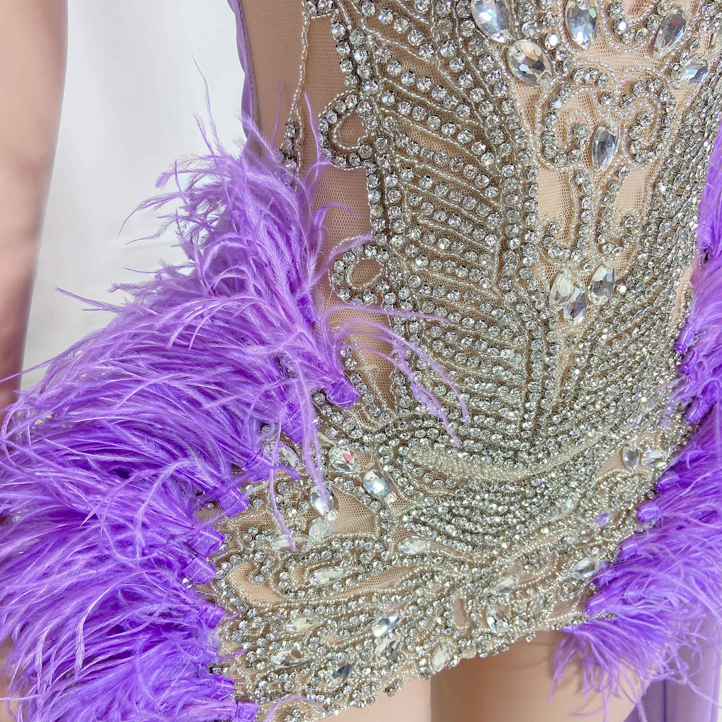 Adalynn Rhinestone Embellished Feather Mini Dress With Train