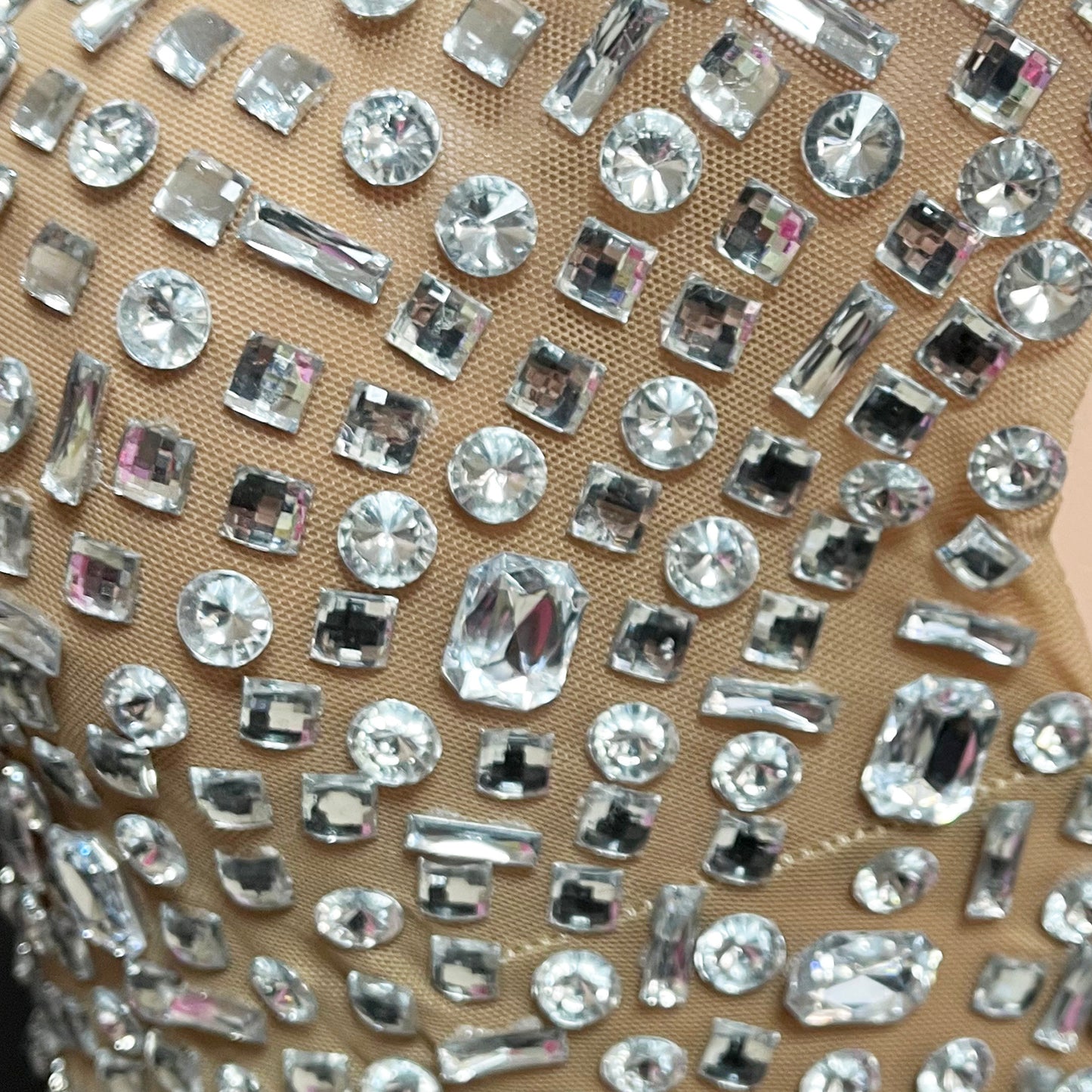 Nude Rhinestone Long Sleeve Crop Top and Skirt Set