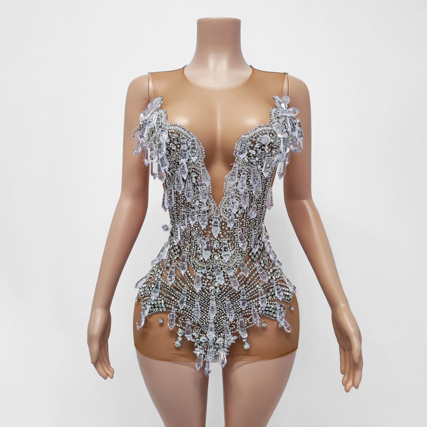 Cristal Sheer Beaded Rhinestone Crystal Embellished Mini Dress