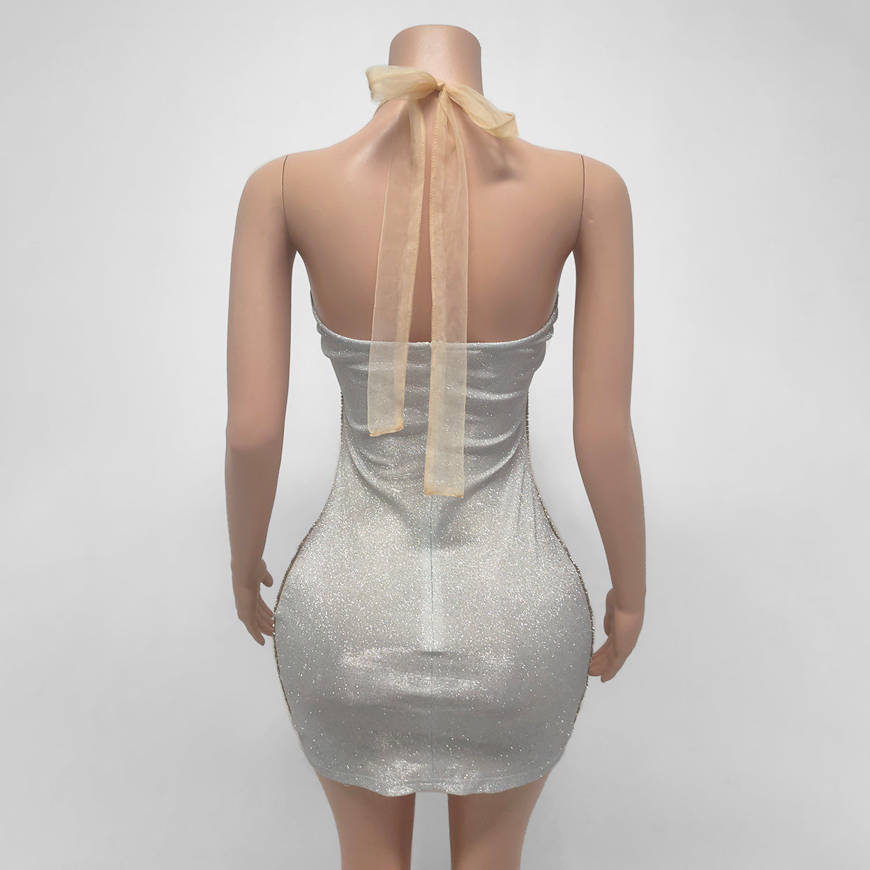 Crystal Sheer Beaded Rhinestone Drop Tassel Embellished Mini Dress