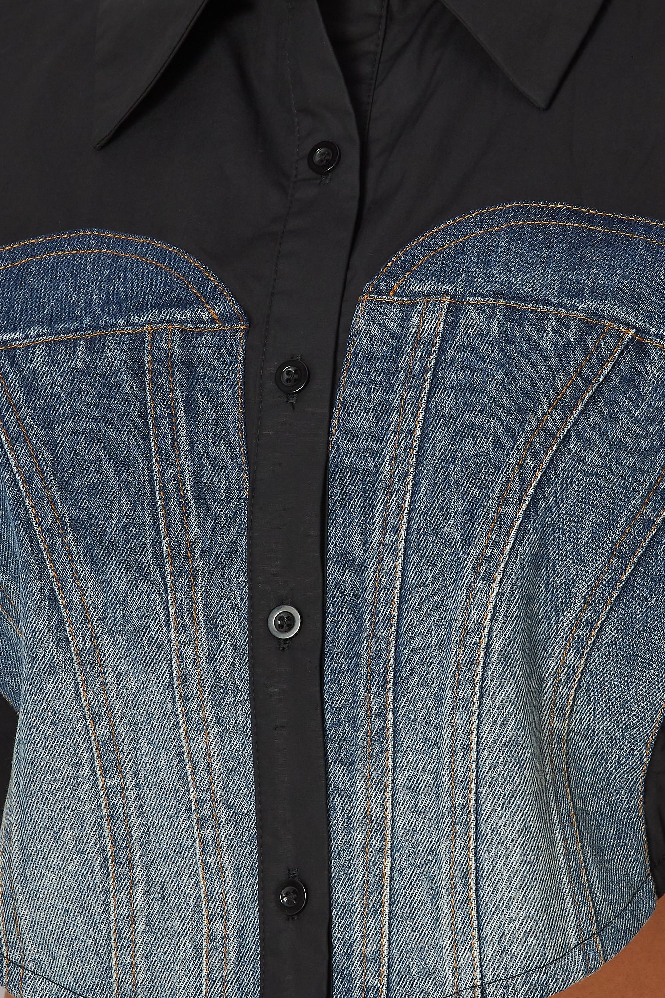 Caley Denim Contrast Puff Sleeve Button-Up Crop Top