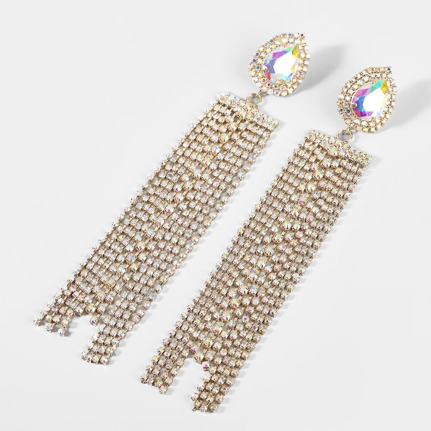 Glam Exaggerated Water Drop Tassel Rhinestone Earrings