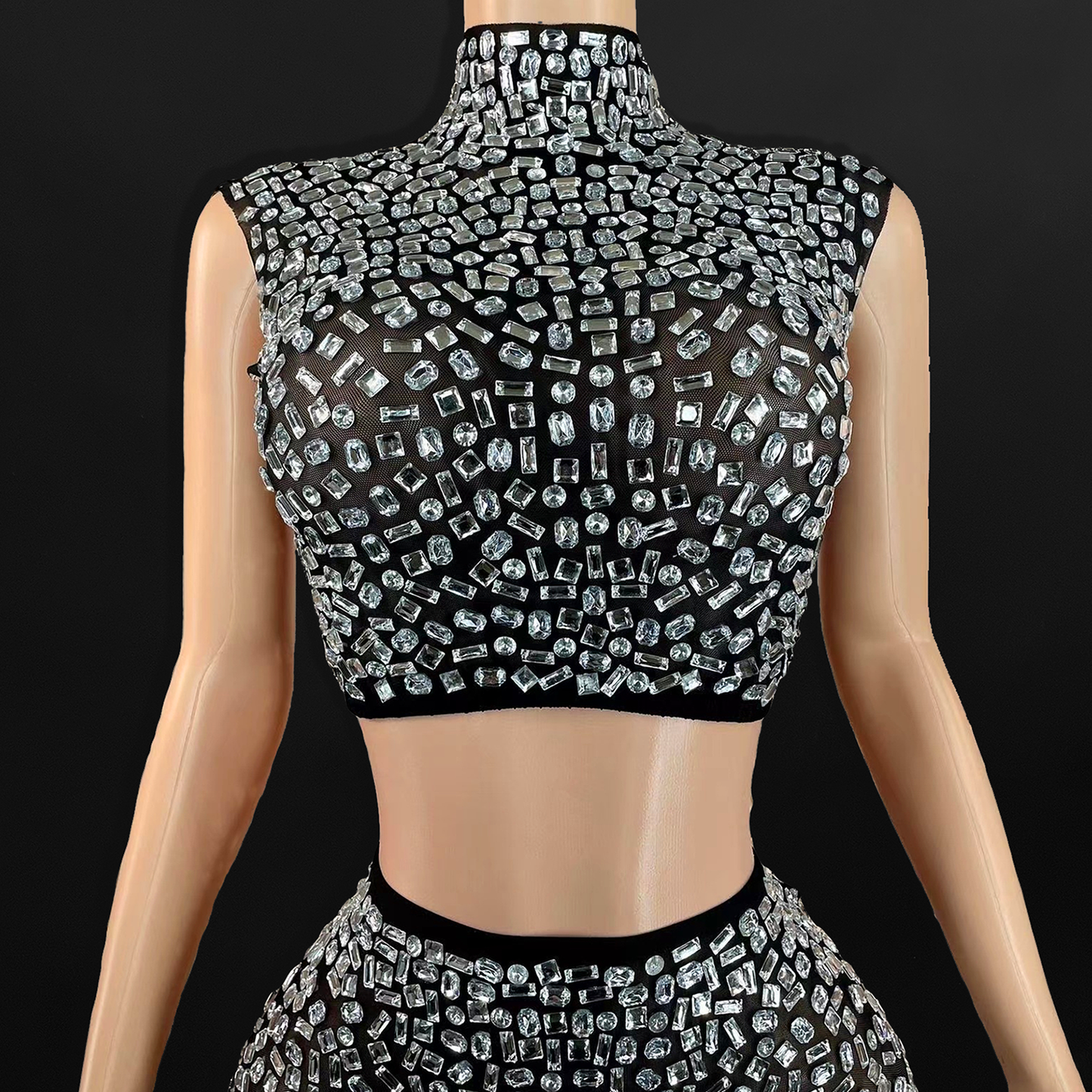 Black Rhinestone Crop Top and Skirt