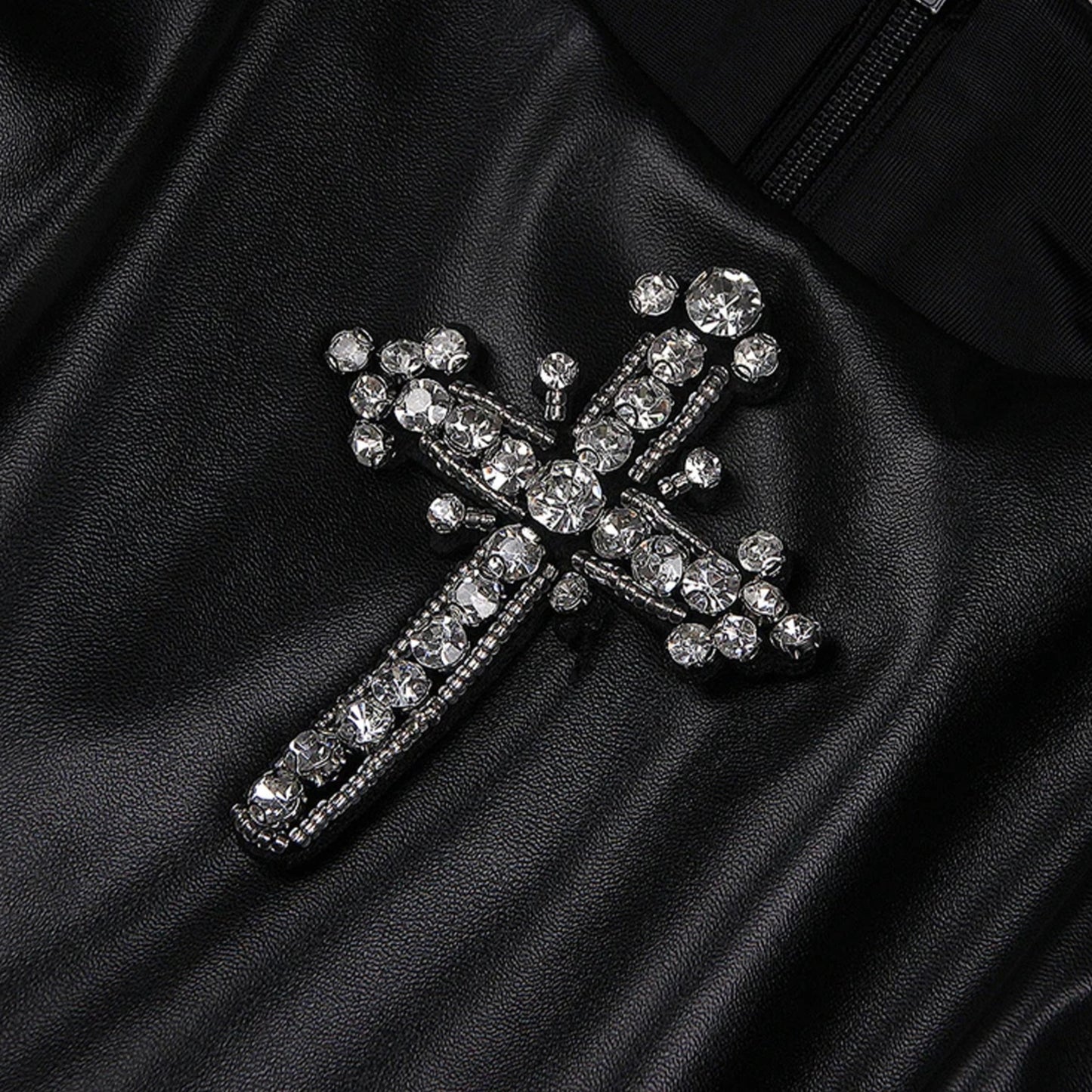 Rhinestone Mini-Split PU Leather Bodycon Mini Dress