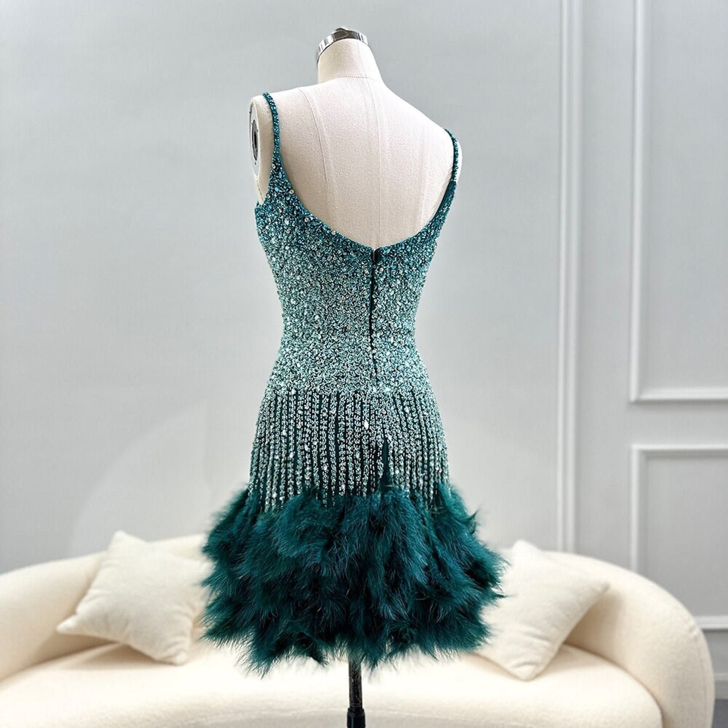 Feather and Rhinestone Beaded Spaghetti Strap Mini Dress