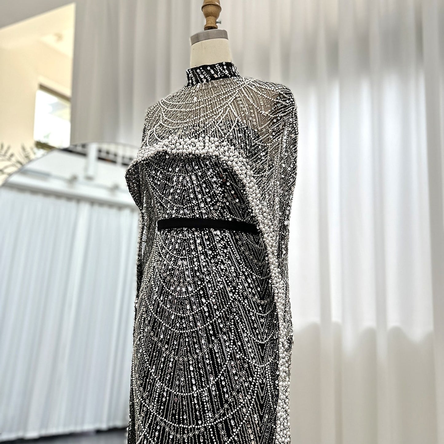 Embellished Pearl and Sequin Color Cape Dress