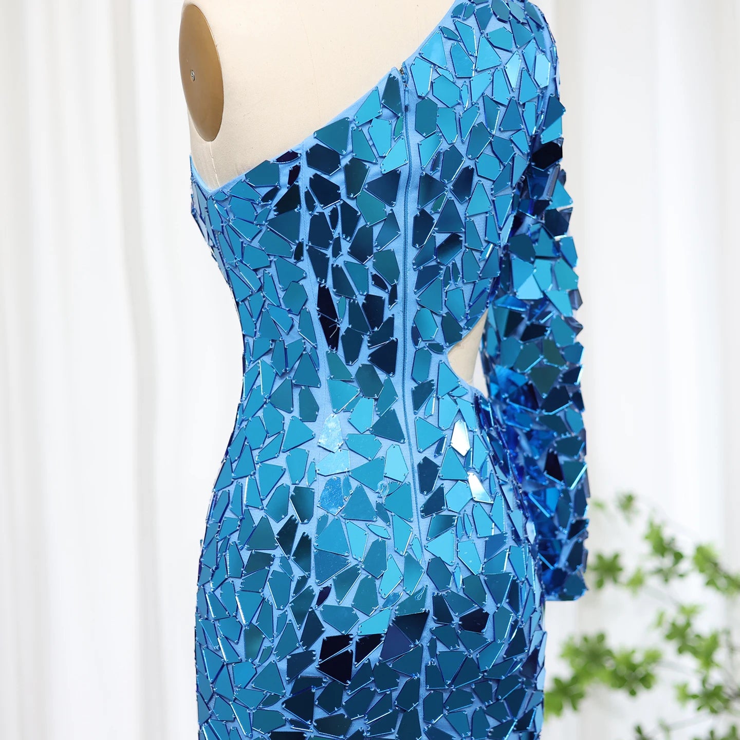 Mirror Embellished One Sleeve Cutout Mini Dress