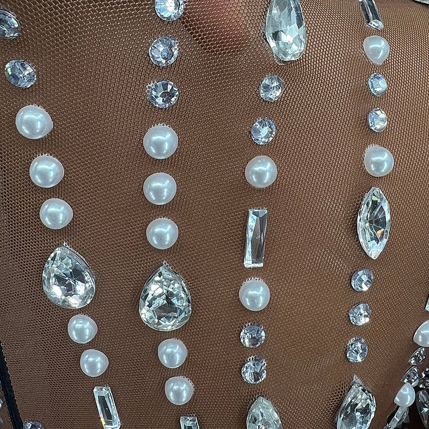 Sheer Rhinestone and Faux Pearl Embellished Tassel Dress