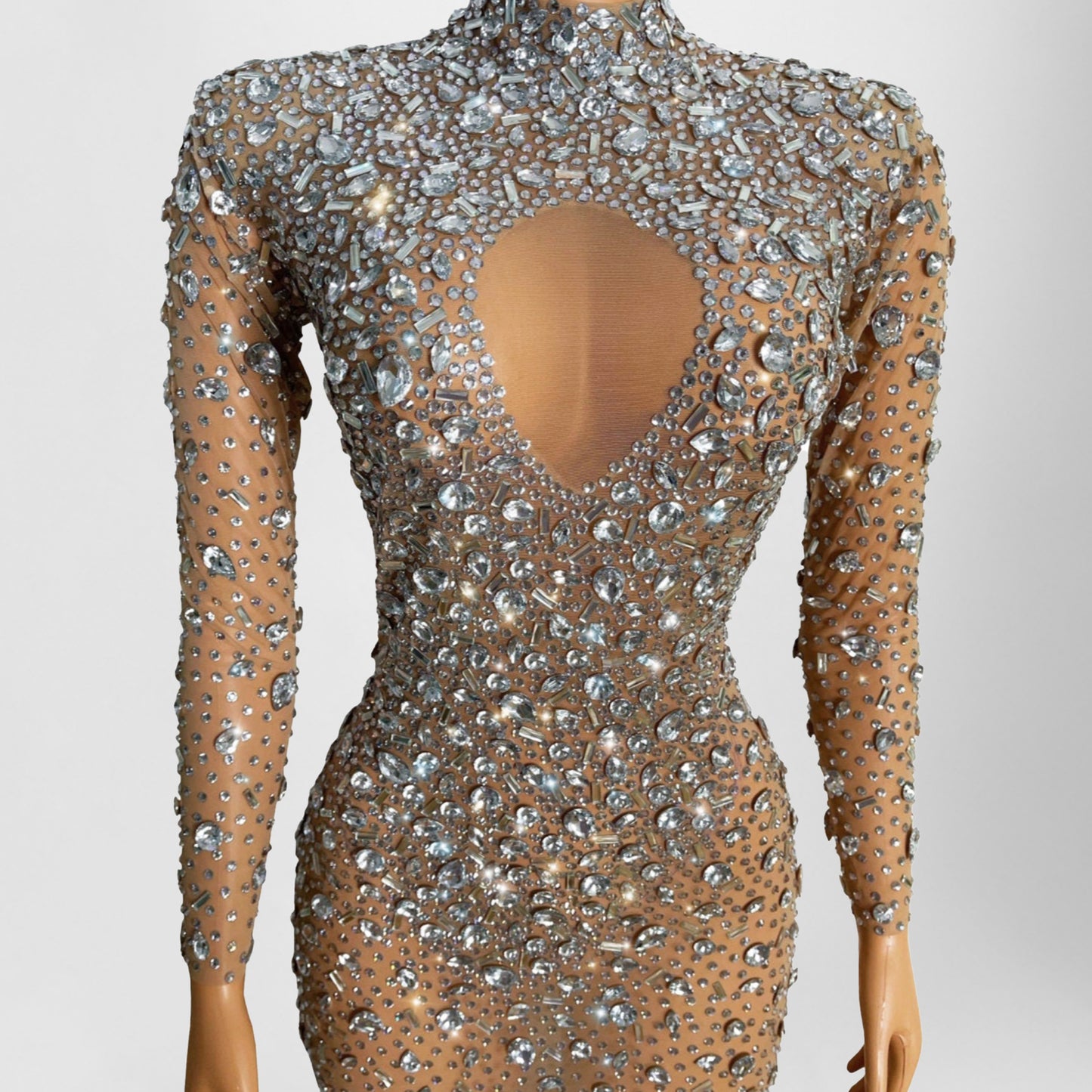 Sheer Rhinestone Embellished Long Sleeve Dress