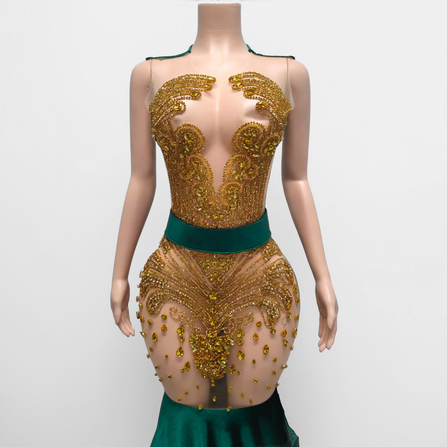 Amalie Sheer Rhinestone Embellished Sash Gown