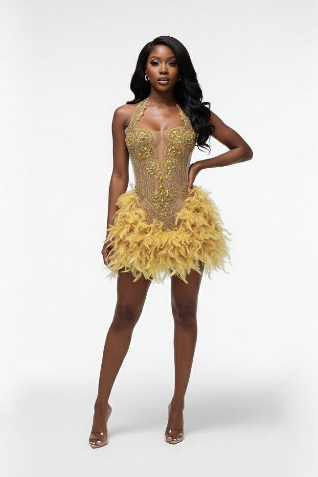 Amelia Beaded Scalloped Feather Mini Dress
