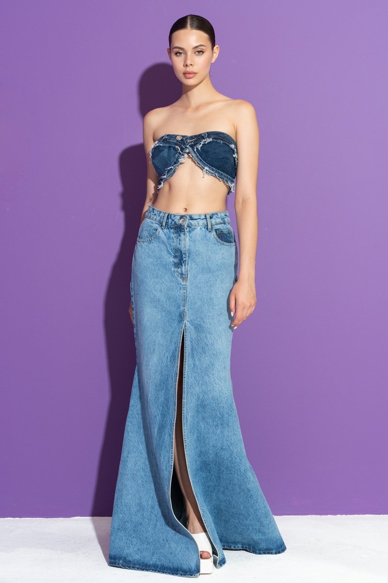 Frayed Denim Button Mini Strapless Tube Top
