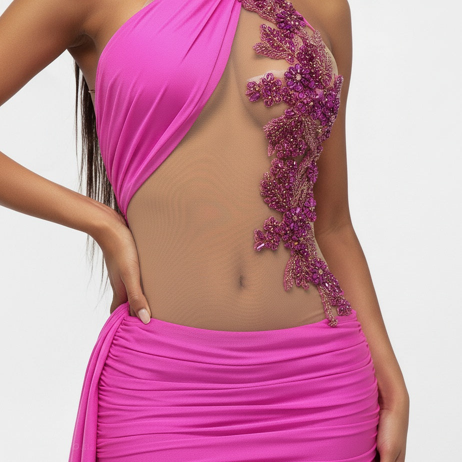 Easton Front Rhinestone Embellished Motif Draped Side Train Mini Dress