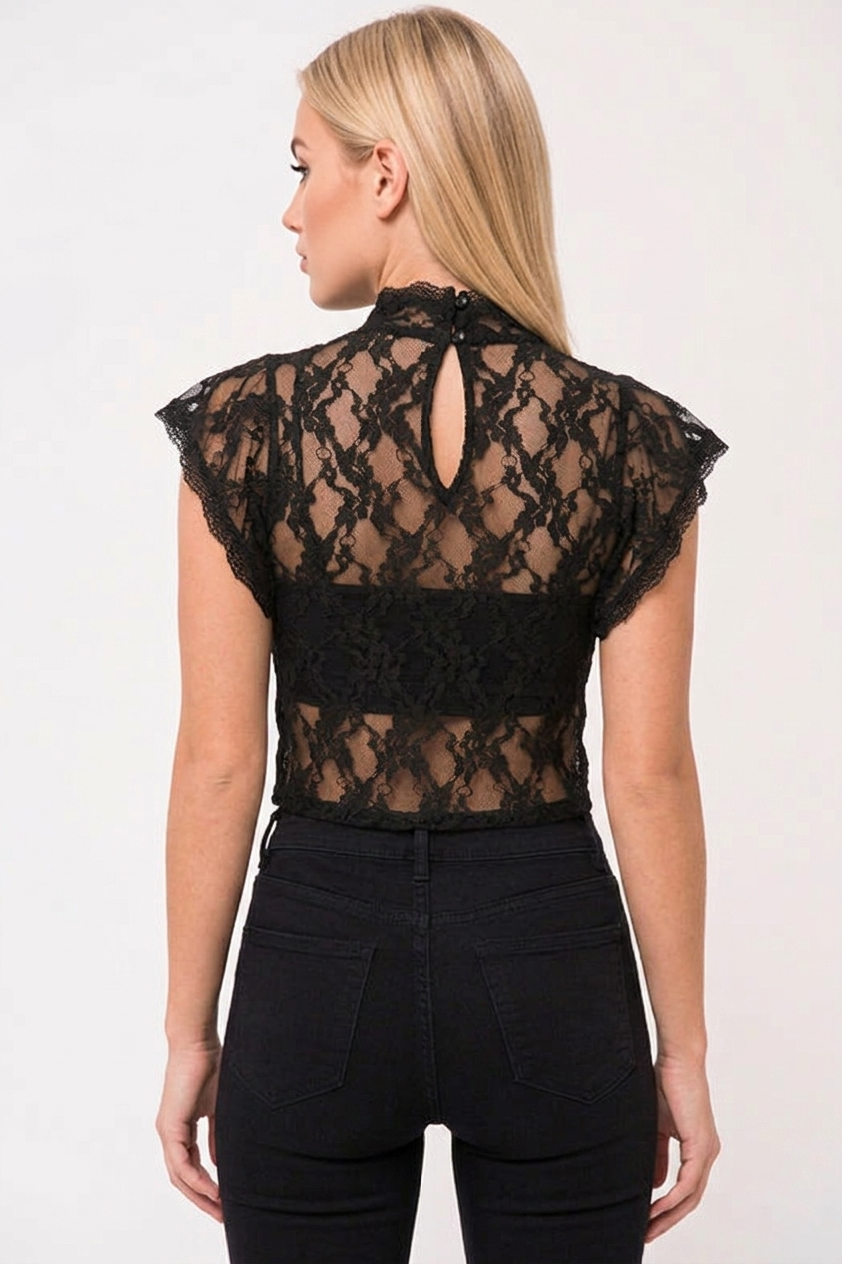 Leoni Sheer Black Lace High Neck Frill Sleeve Blouse