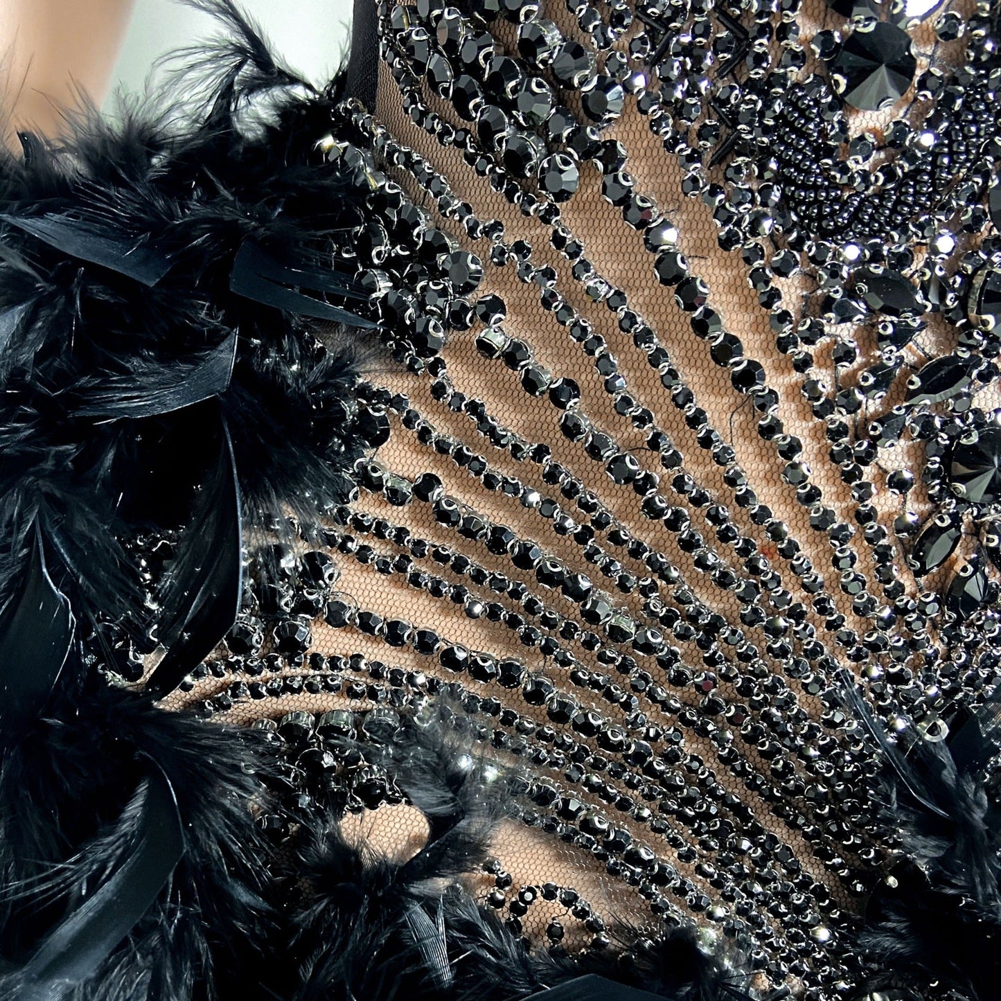 Amelia Black Beaded Scalloped Feather Mini Dress