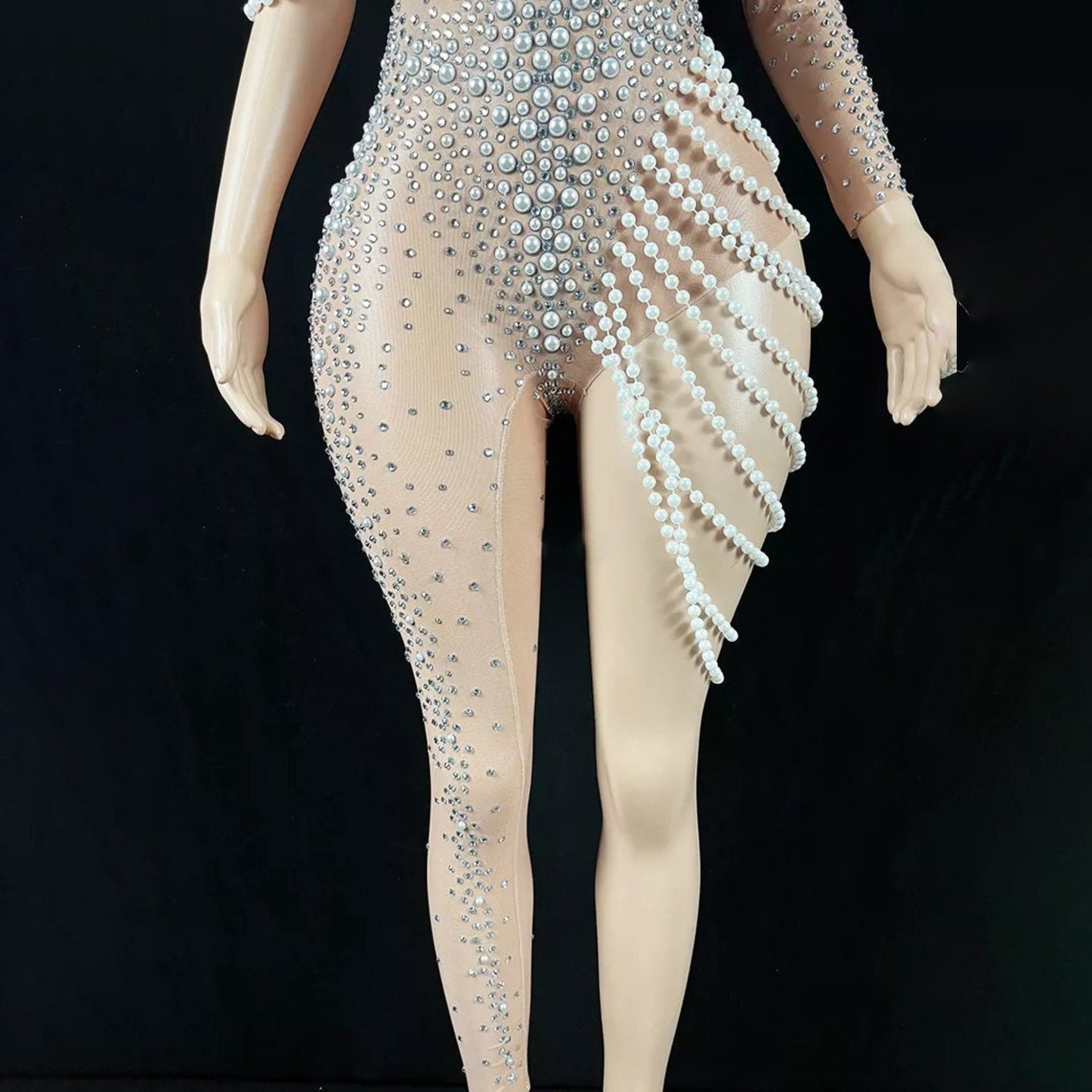 Faux Pearl One Leg Rhinestone Embellished Jumpsuit