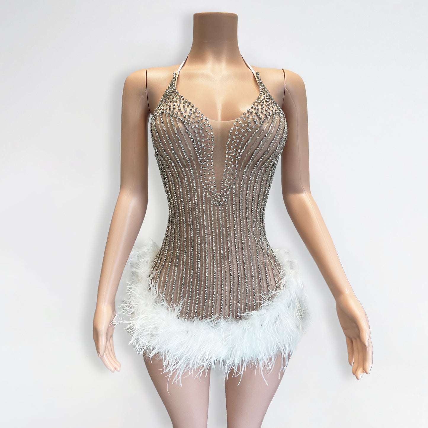 Ella Beaded Rhinestone Feather Mini Dress