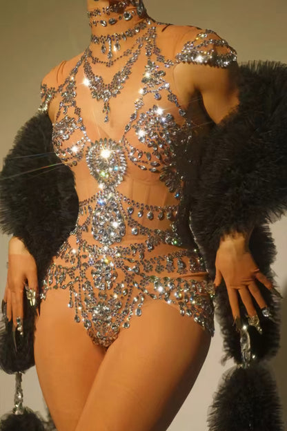 Sheer Rhinestone Embellished Motif Bodysuit