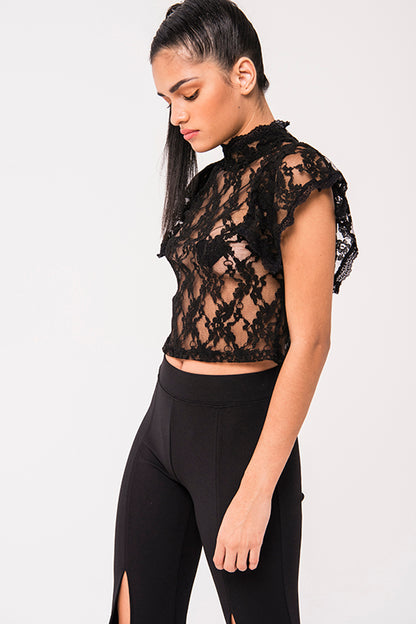 Leoni Sheer Black Lace High Neck Frill Sleeve Blouse