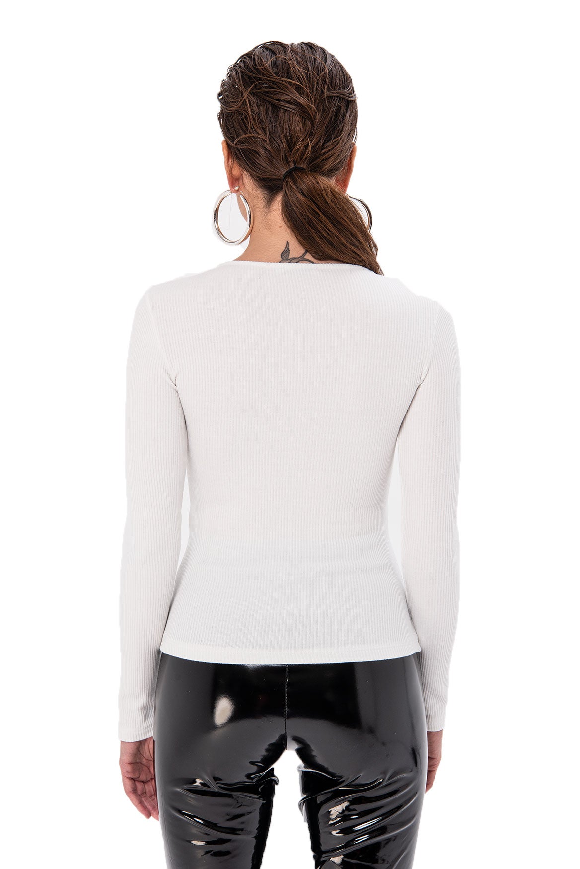 Ribbed Cut Out V-neck Long Sleeve Top