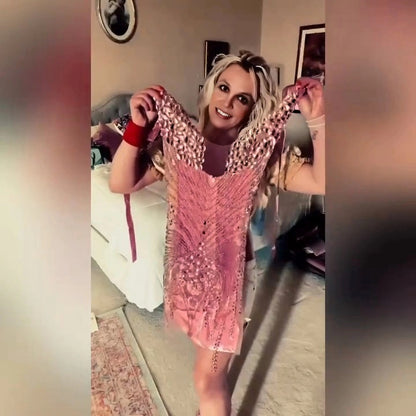 As Seen on Britney Spears | The Britney Pink Rhinestone Beaded Mini Dress