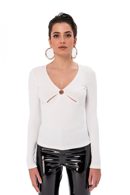 Ribbed Cut Out V-neck Long Sleeve Top