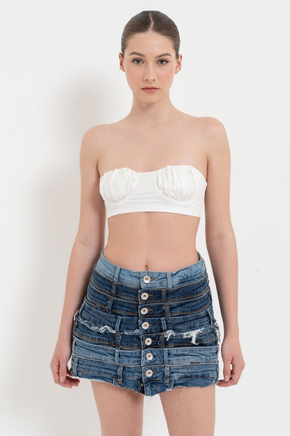 Multi-Layered Frayed Button-Up Denim Mini Skirt