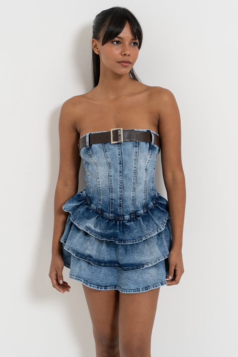 Strapless Belted Tiered-Ruffle Denim Mini Dress