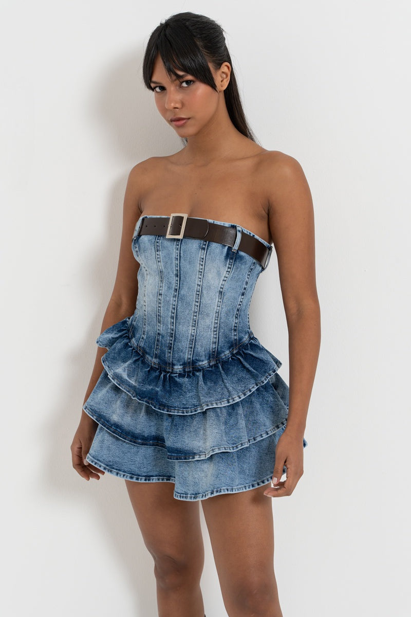 Strapless Belted Tiered-Ruffle Denim Mini Dress