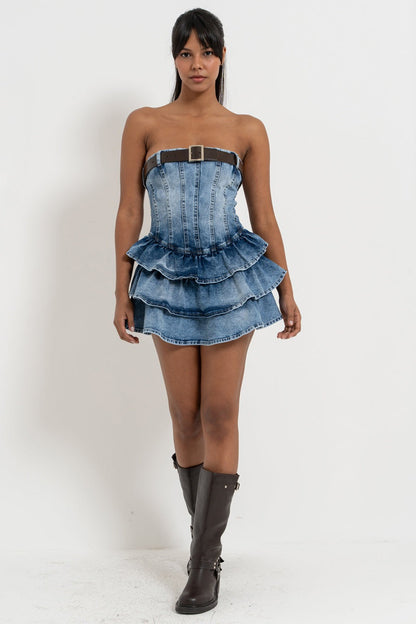 Strapless Belted Tiered-Ruffle Denim Mini Dress