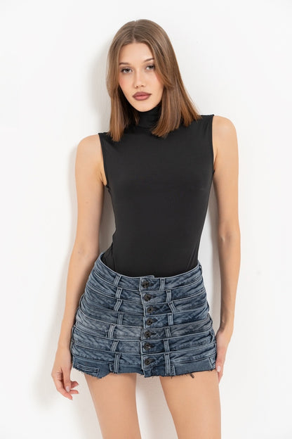 Dark Blue Multi-Layered Frayed Button-Up Denim Mini Skirt