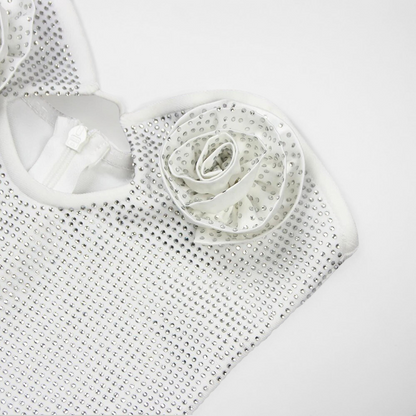 White Rose Studded Rhinestone Cutout Mini Dress
