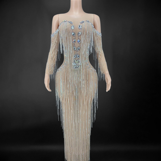 Ready to Ship | Extravagant Sheer Rhinestone Tassel Dress