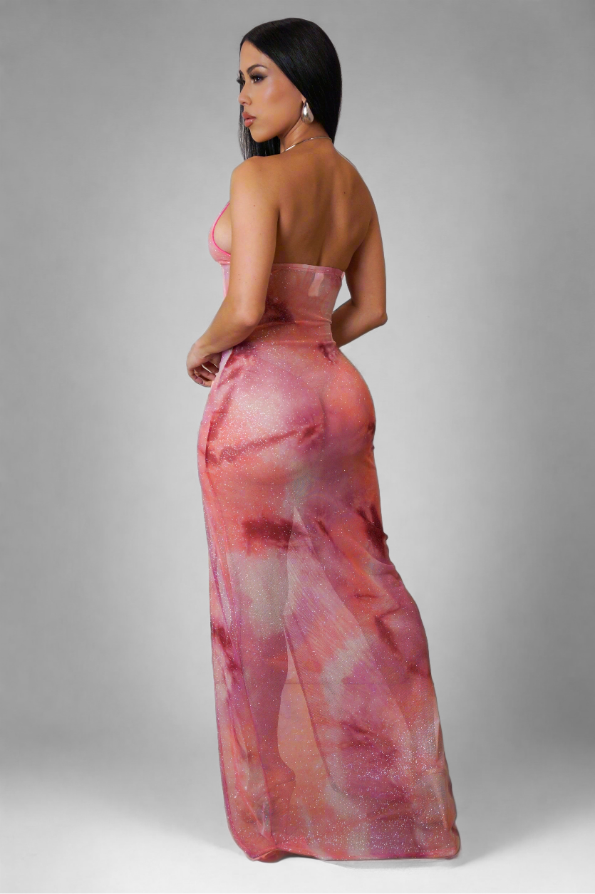 Glitter Mesh Ruched Sheer Pink Maxi Dress BOUGIE GLITTER Glitter Mesh Ruched Sheer Pink Maxi Dress BOUGIE GLITTER