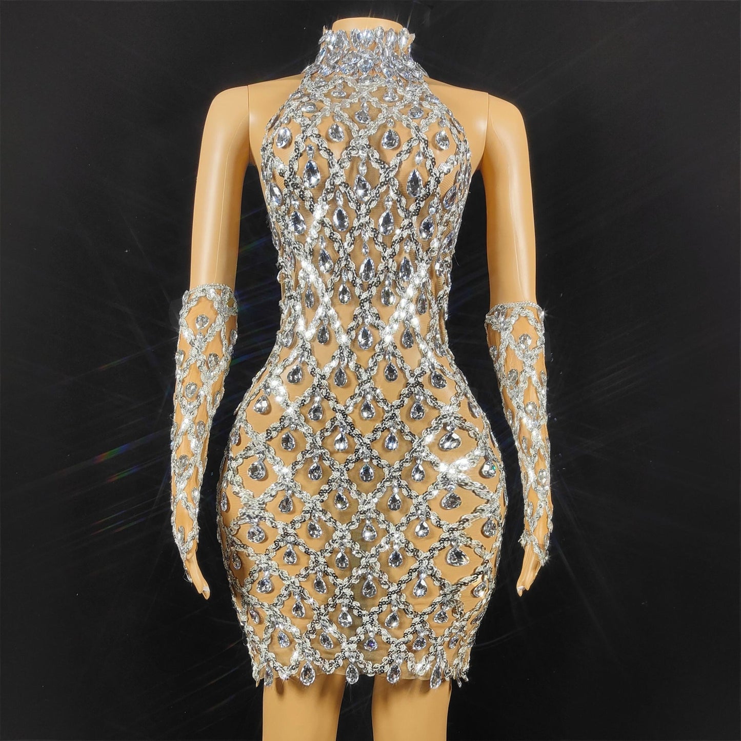 Chandelier Rhinestone and Sequin Mini Dress and Gloves