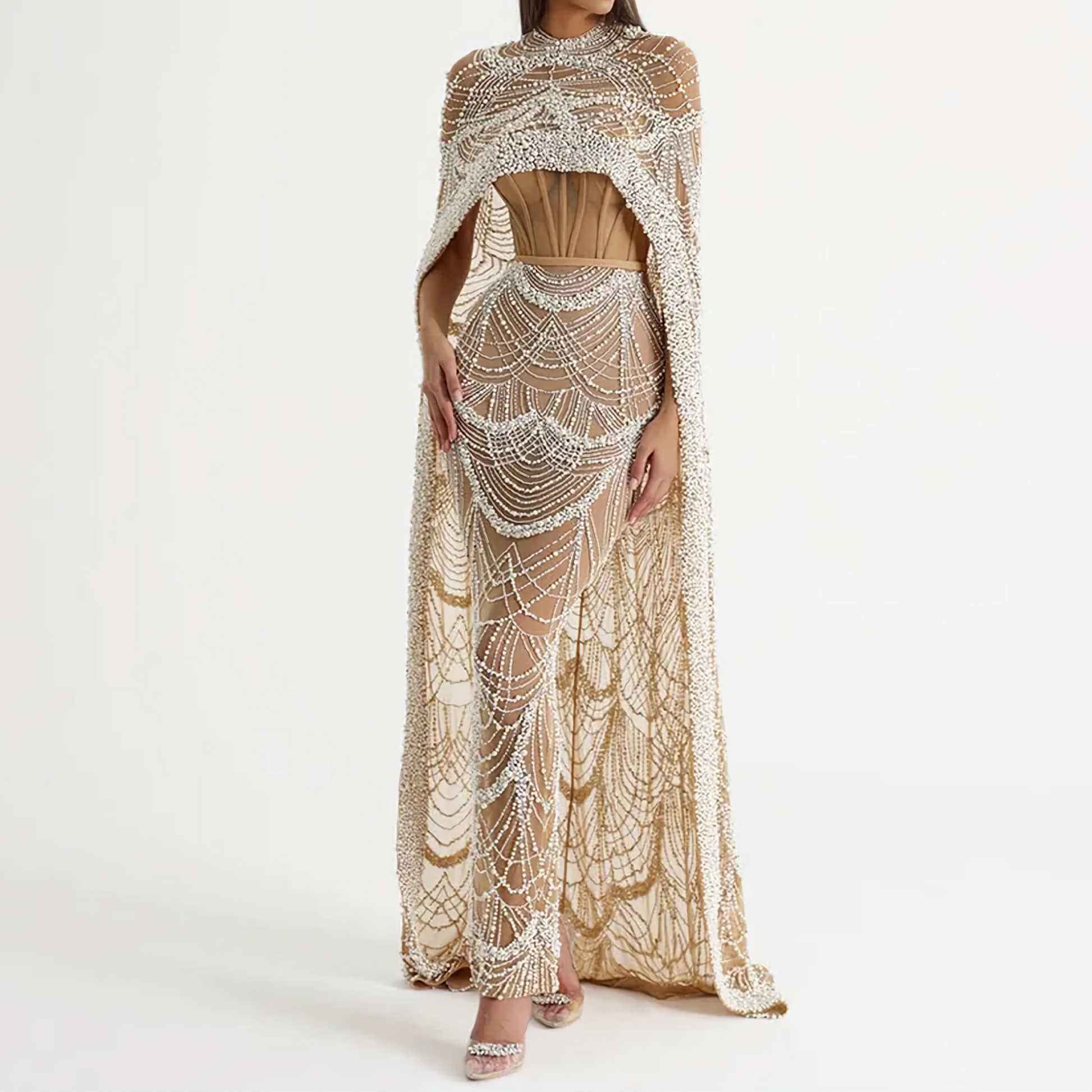 Embellished Pearl and Sequin Cape Dress Full Lining - Embellished Bodice Long Sleeves / 16 Embellished Pearl and Sequin Cape Dress Full Lining - Embellished Bodice Long Sleeves / 16