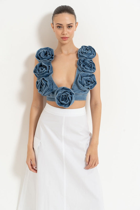 Blue Denim Rose-Accent Low Cut Top