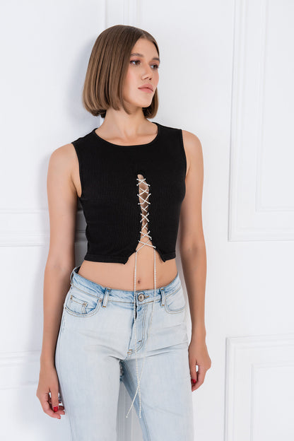 Rhinestone Chain Lace-up Ribbed Crop Top