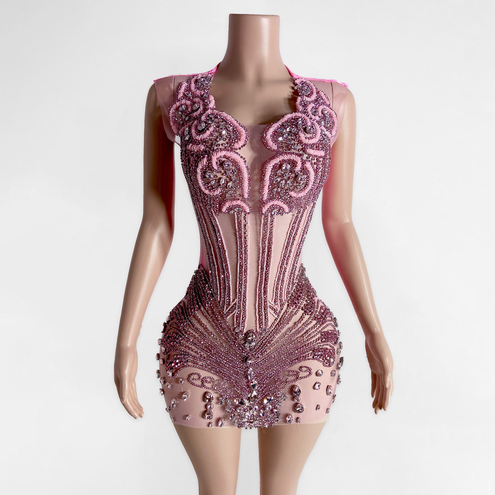 Jade Pink Beaded Rhinestone Mini Dress – BOUGIE GLITTER