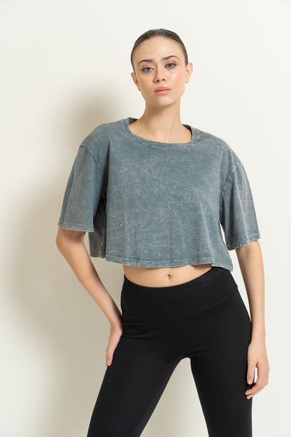 Graphic Print Oversized Acid Wash Crop Top