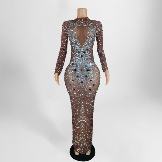 Sheer Mirror Rhinestone Long Sleeve Dress