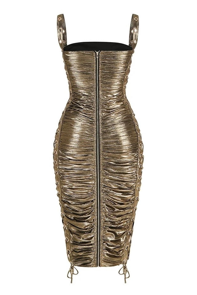 Jessica Gold Pleated Tie Up Rivet Bodycon Dress