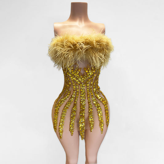 Ready to Ship | Layla Rhinestone Beaded Feather Top Mini Dress