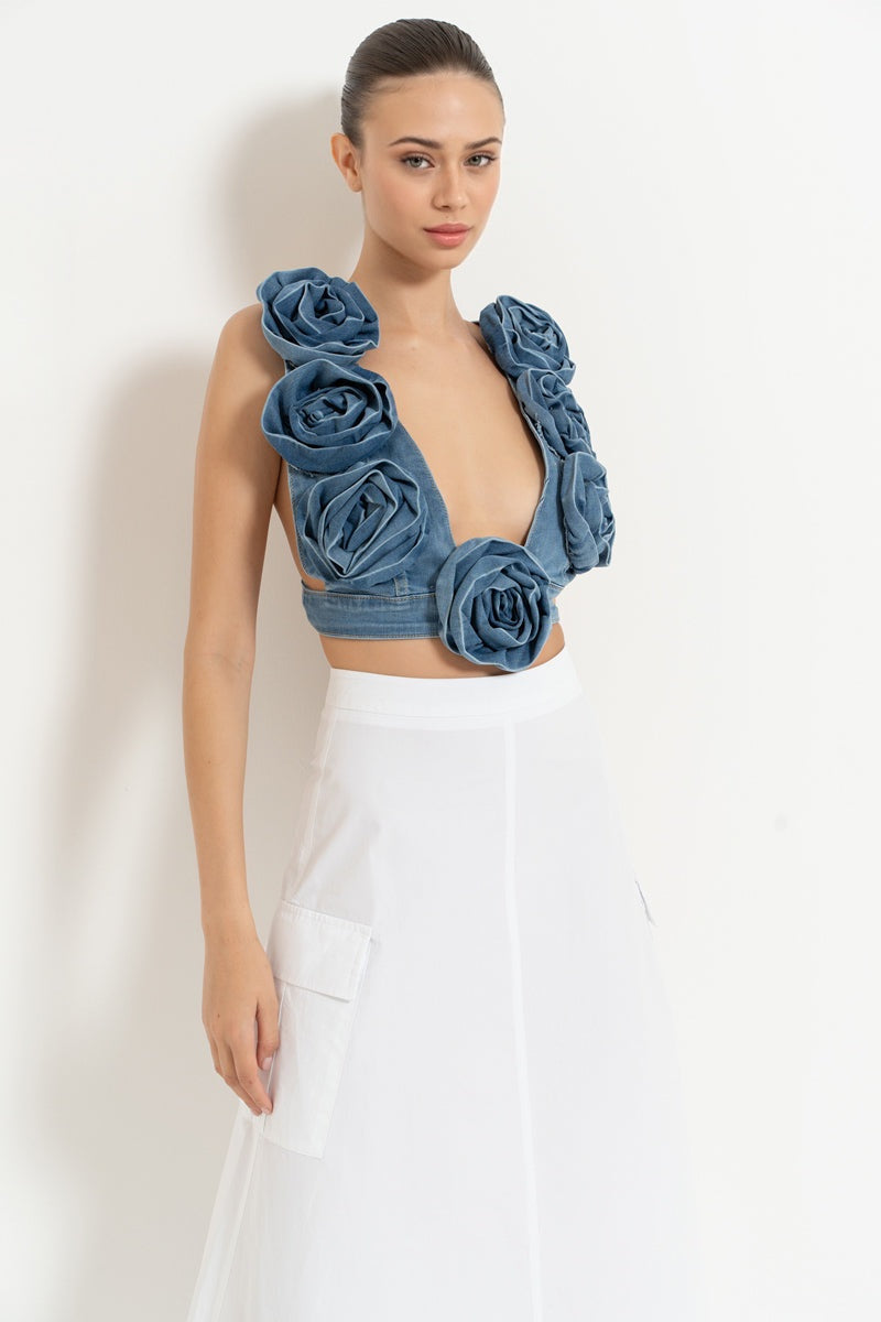 Blue Denim Rose-Accent Low Cut Top