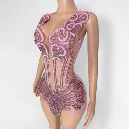 Jade Pink Beaded Rhinestone Mini Dress