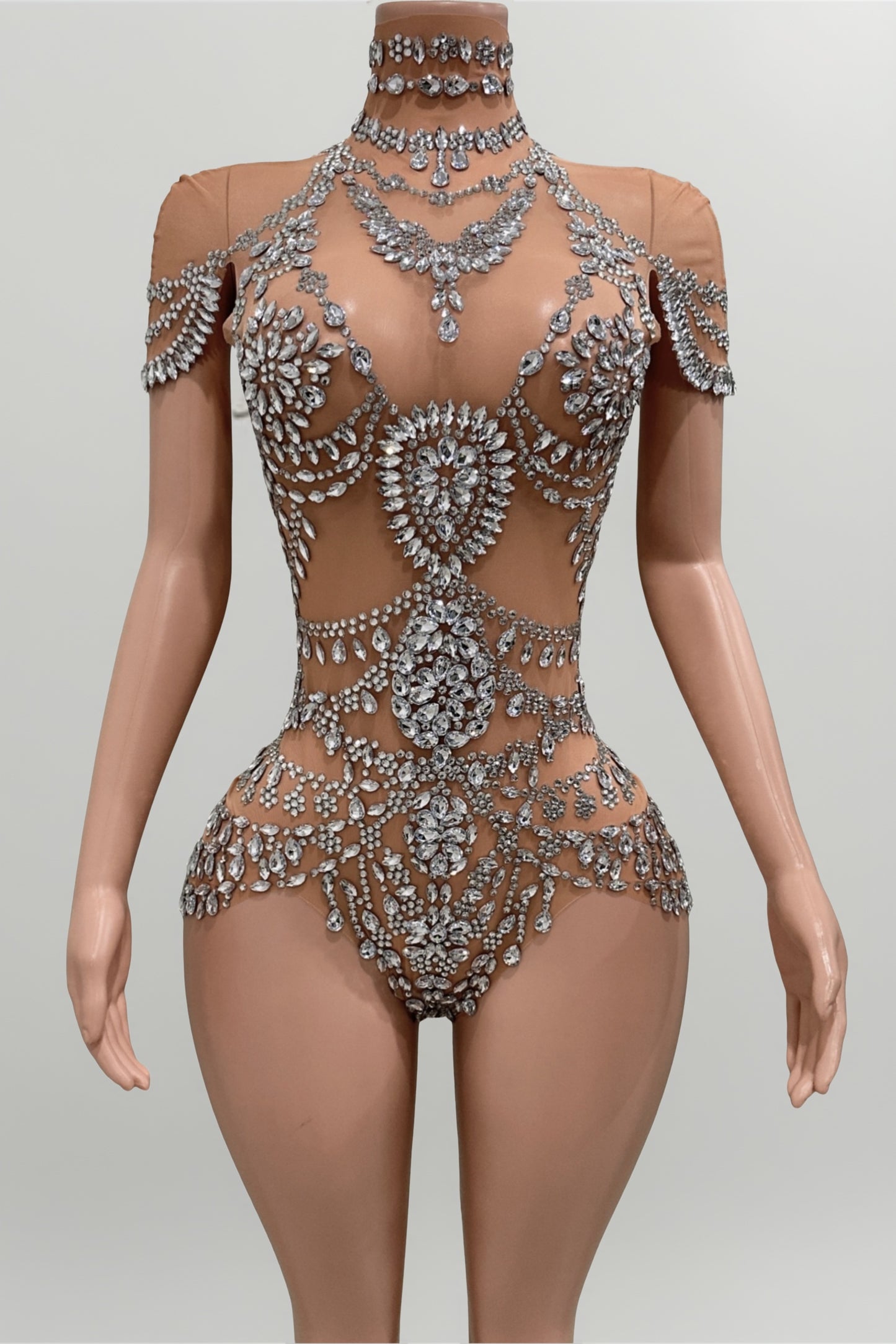 Sheer Rhinestone Embellished Motif Bodysuit